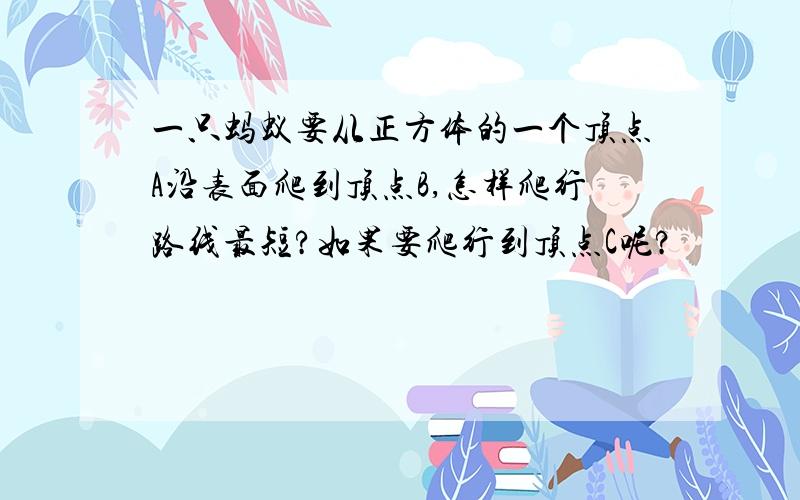 一只蚂蚁要从正方体的一个顶点A沿表面爬到顶点B,怎样爬行路线最短?如果要爬行到顶点C呢?