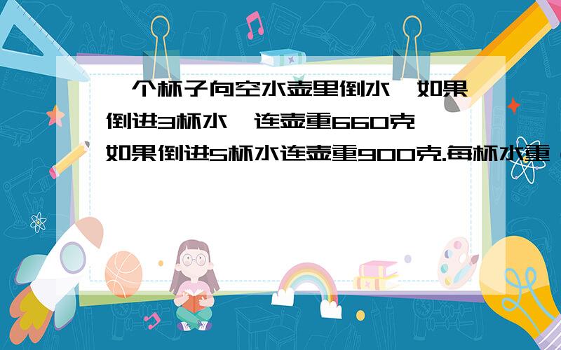 一个杯子向空水壶里倒水,如果倒进3杯水,连壶重660克,如果倒进5杯水连壶重900克.每杯水重（）空水壶重（）