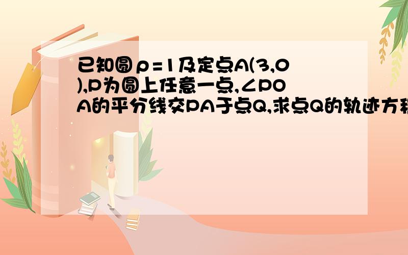 已知圆ρ=1及定点A(3,0),P为圆上任意一点,∠POA的平分线交PA于点Q,求点Q的轨迹方程.