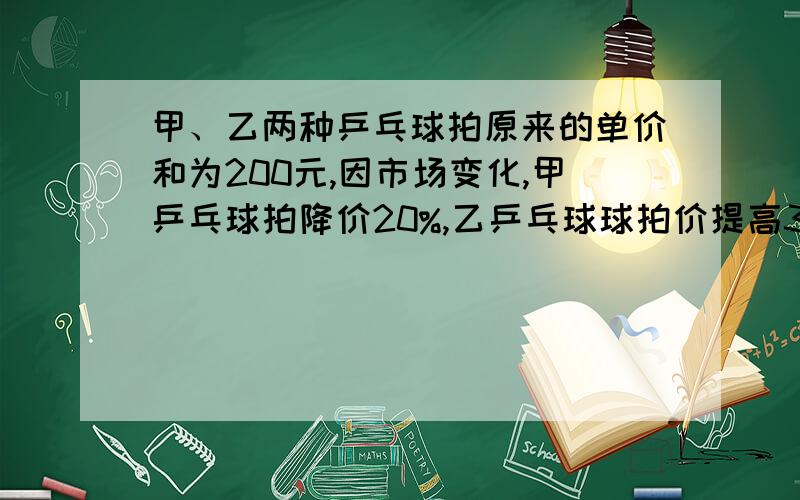 甲、乙两种乒乓球拍原来的单价和为200元,因市场变化,甲乒乓球拍降价20%,乙乒乓球球拍价提高30%,调价后,两种乒乓球拍的单价和比原来的单价和提高了20%.甲乙两种乒乓球拍原来的单价格是多