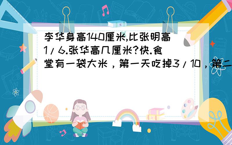 李华身高140厘米,比张明高1/6.张华高几厘米?快.食堂有一袋大米，第一天吃掉3/10，第二天吃掉10千克，两天共吃掉一半。这袋大米有多少千克？