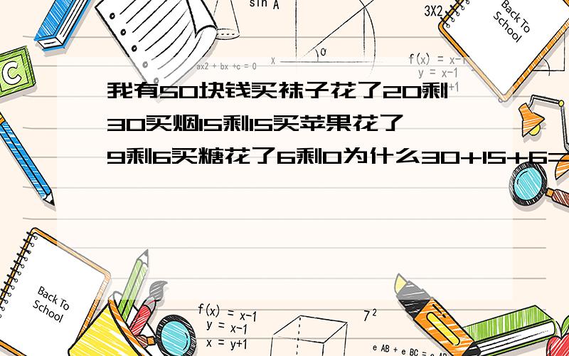 我有50块钱买袜子花了20剩30买烟15剩15买苹果花了9剩6买糖花了6剩0为什么30+15+6=51