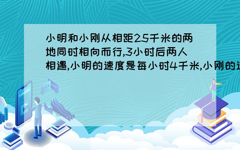 小明和小刚从相距25千米的两地同时相向而行,3小时后两人相遇,小明的速度是每小时4千米,小刚的速度是多