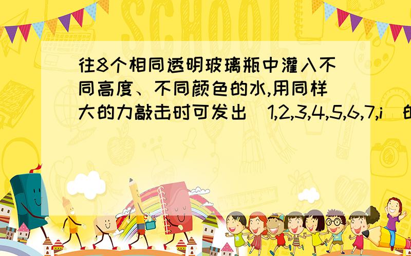 往8个相同透明玻璃瓶中灌入不同高度、不同颜色的水,用同样大的力敲击时可发出＂1,2,3,4,5,6,7,i＂的音,发出声音的响度（）,最右边发出的是（）音）选填＂1,2,3,4,5,6,7,i）；透过玻璃瓶看到物