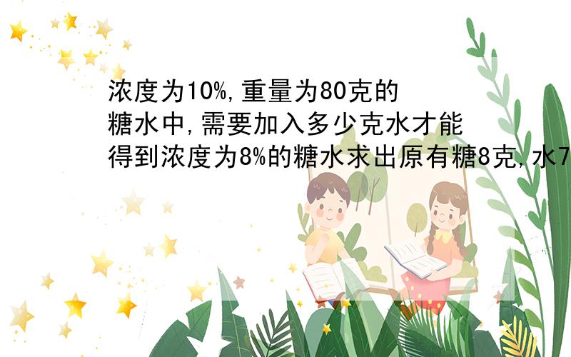 浓度为10%,重量为80克的糖水中,需要加入多少克水才能得到浓度为8%的糖水求出原有糖8克,水72,设加入多少x克水得8/(72+x)=0.08对吗x=28