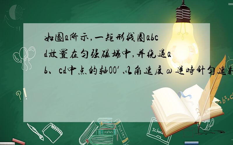 如图a所示,一矩形线圈abcd放置在匀强磁场中,并绕过ab、cd中点的轴OO′以角速度ω逆时针匀速转动．若以线圈平面与磁场夹角θ＝45°时（如图b）为计时起点,并规定当电流自a流向b时电流方向为