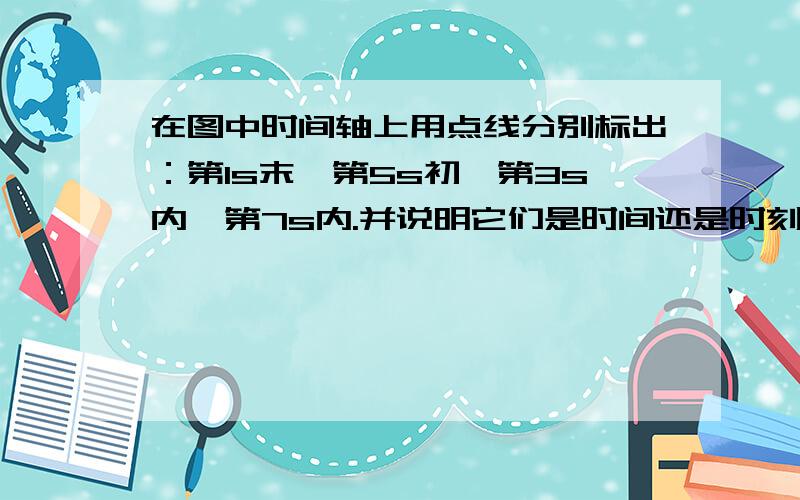 在图中时间轴上用点线分别标出：第1s末、第5s初、第3s内、第7s内.并说明它们是时间还是时刻还有一个图：一个坐标轴箭头向右,下面有单位：t/s.最好附带图片.