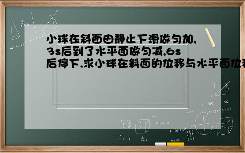 小球在斜面由静止下滑做匀加,3s后到了水平面做匀减,6s后停下,求小球在斜面的位移与水平面位移之比