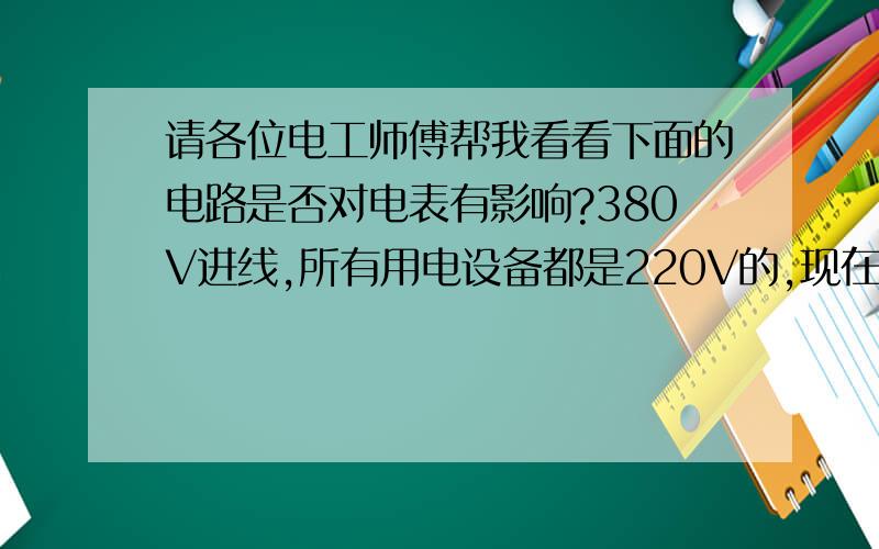 请各位电工师傅帮我看看下面的电路是否对电表有影响?380V进线,所有用电设备都是220V的,现在装了个发电机,在没有市电的情况下正确合闸之后电表会反转吗,还是烧掉》?电表是机械式的,我只