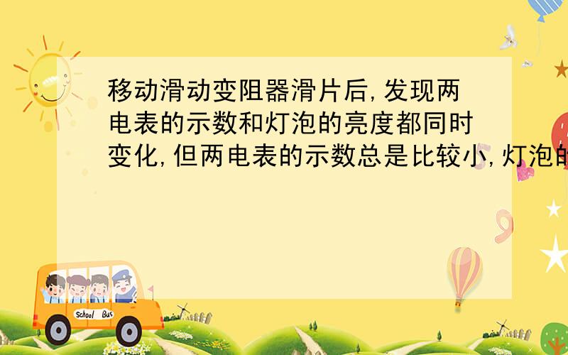 移动滑动变阻器滑片后,发现两电表的示数和灯泡的亮度都同时变化,但两电表的示数总是比较小,灯泡的亮度