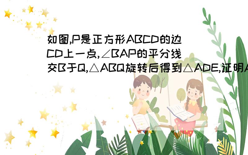 如图,P是正方形ABCD的边CD上一点,∠BAP的平分线交B于Q,△ABQ旋转后得到△ADE,证明AP=DP+BQ.