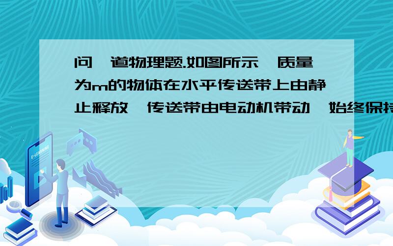 问一道物理题.如图所示,质量为m的物体在水平传送带上由静止释放,传送带由电动机带动,始终保持以速度v匀速运动.物体与传送带间的动摩擦因数为μ,物体过一会儿能保持与传送带相对静止,