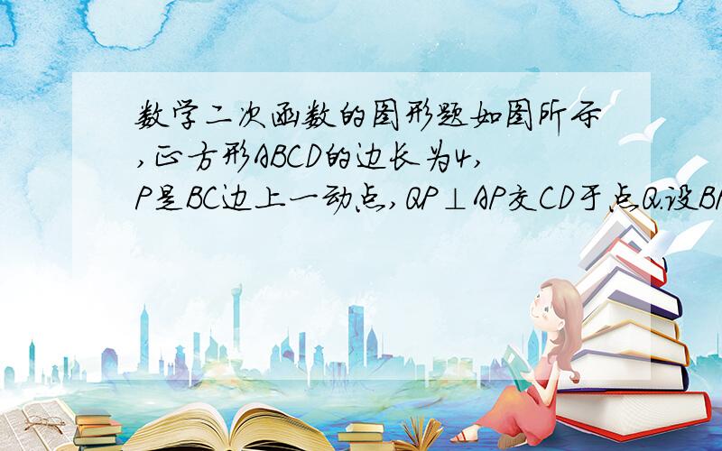 数学二次函数的图形题如图所示,正方形ABCD的边长为4,P是BC边上一动点,QP⊥AP交CD于点Q.设BP=x,△ADQ的面积为y.（1）求y与x之间的函数关系式（2）当P点运动到什么位置时,△ADQ的面积最大?（3）是