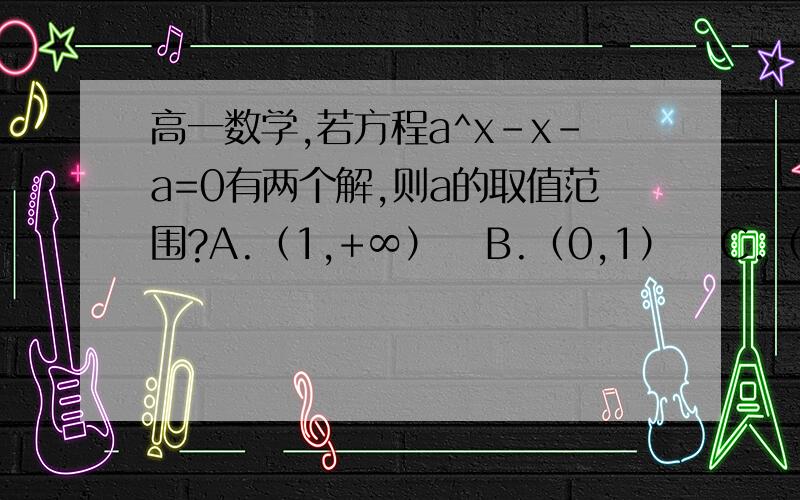 高一数学,若方程a^x-x-a=0有两个解,则a的取值范围?A.（1,+∞）   B.（0,1）   C.（0,+∞）   D（0,½）