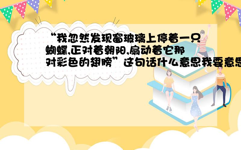 “我忽然发现窗玻璃上停着一只蝴蝶,正对着朝阳,扇动着它那对彩色的翅膀”这句话什么意思我要意思,快点,答出给80分,一种意思的也行,最好二种意思