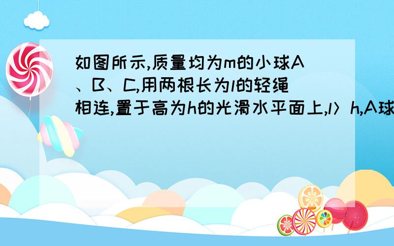 如图所示,质量均为m的小球A、B、C,用两根长为l的轻绳相连,置于高为h的光滑水平面上,l＞h,A球刚跨过桌边,若A球、B球相继下落着地后均不再反弹,求C球刚离开桌边时的速度大小.　　取地面为