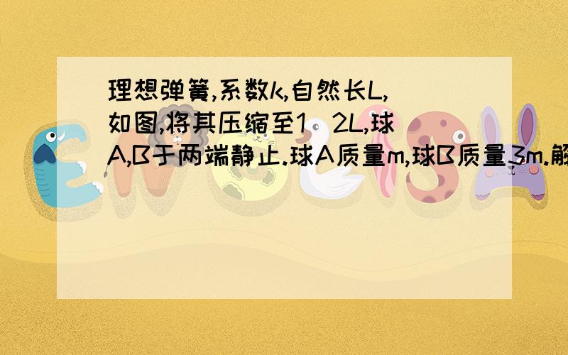 理想弹簧,系数k,自然长L,如图,将其压缩至1／2L,球A,B于两端静止.球A质量m,球B质量3m.解除压缩后如箭头所指运动.摩擦不计.重力加速度g 1、求Va、Vb的大小的比 2、Vb的大小用m、k、L表示 3、球A与