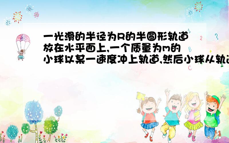 一光滑的半径为R的半圆形轨道放在水平面上,一个质量为m的小球以某一速度冲上轨道,然后小球从轨道口B处然后小球从轨道口B处飞出,最后落在水平面上.一只小球落地点C距B处的距离为3R,邱晓