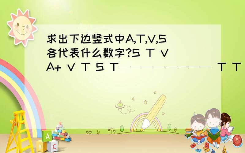 求出下边竖式中A,T,V,S各代表什么数字?S T V A+ V T S T———————— T T V T T