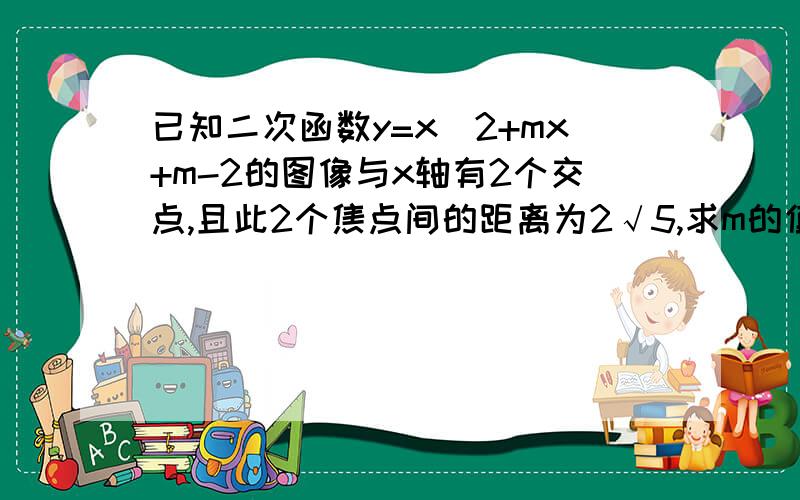 已知二次函数y=x^2+mx+m-2的图像与x轴有2个交点,且此2个焦点间的距离为2√5,求m的值