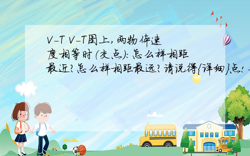 V-T V-T图上,两物体速度相等时（交点）：怎么样相距最近?怎么样相距最远?请说得｛详细｝点!- 【谁追谁（运动状态）时 速度相等时相距最远； 谁追谁时 速度相等时相距最近 】不过那个本