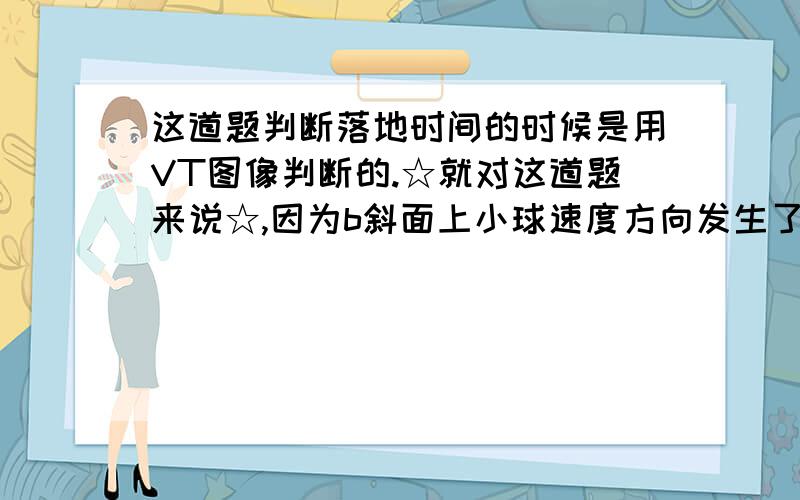 这道题判断落地时间的时候是用VT图像判断的.☆就对这道题来说☆,因为b斜面上小球速度方向发生了改变,但不是反向.而这个VT图上b的速度两阶段都是正的,只是大小不一样.也就是说,速度方向