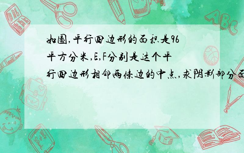 如图,平行四边形的面积是96平方分米,E,F分别是这个平行四边形相邻两条边的中点,求阴影部分面积.