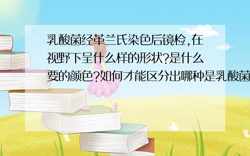 乳酸菌经革兰氏染色后镜检,在视野下呈什么样的形状?是什么要的颜色?如何才能区分出哪种是乳酸菌?哪些是杂菌?希望能得到详细的说明,