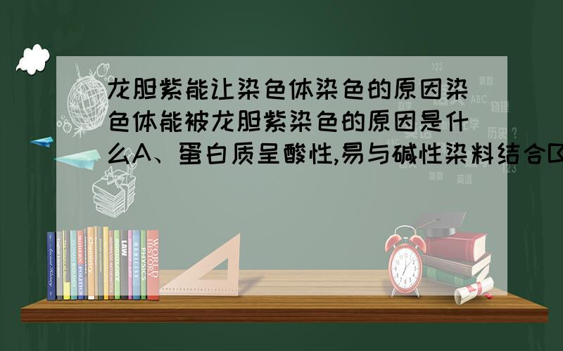 龙胆紫能让染色体染色的原因染色体能被龙胆紫染色的原因是什么A、蛋白质呈酸性,易与碱性染料结合B、染色体的DNA分子中有磷酸基团易与碱性染料结合C、DNA上含有N碱基易与碱性染料结合D