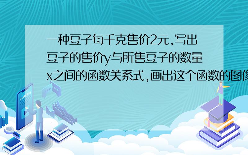 一种豆子每千克售价2元,写出豆子的售价y与所售豆子的数量x之间的函数关系式,画出这个函数的图像.小红是这样解答的：y与x之间的函数关系式为y=2x.列表,得：（如下图）在坐标系中,描出以