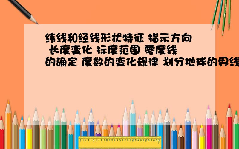 纬线和经线形状特征 指示方向 长度变化 标度范围 零度线的确定 度数的变化规律 划分地球的界线