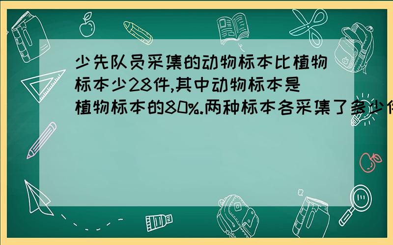 少先队员采集的动物标本比植物标本少28件,其中动物标本是植物标本的80%.两种标本各采集了多少件?要算式