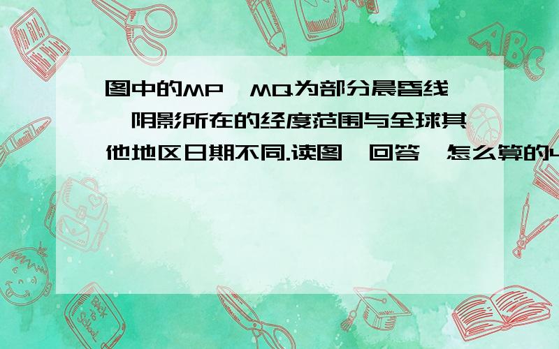 图中的MP,MQ为部分晨昏线,阴影所在的经度范围与全球其他地区日期不同.读图,回答【怎么算的4.此时太阳直射点的地理坐标为 (　　)A.20°S,60°E B.20°N,120°EC.20°S,0° D.20°N,180°5.此日可能在(　　)