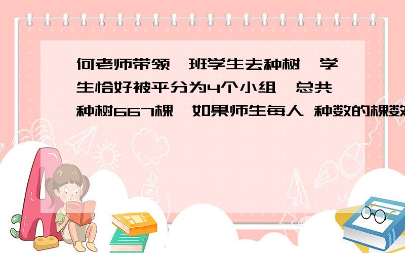 何老师带领一班学生去种树,学生恰好被平分为4个小组,总共种树667棵,如果师生每人 种数的棵数一样多,那