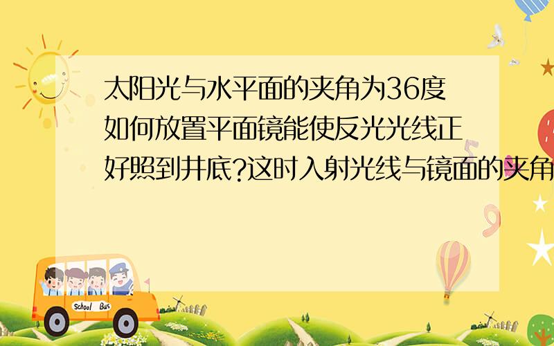 太阳光与水平面的夹角为36度如何放置平面镜能使反光光线正好照到井底?这时入射光线与镜面的夹角是多少度