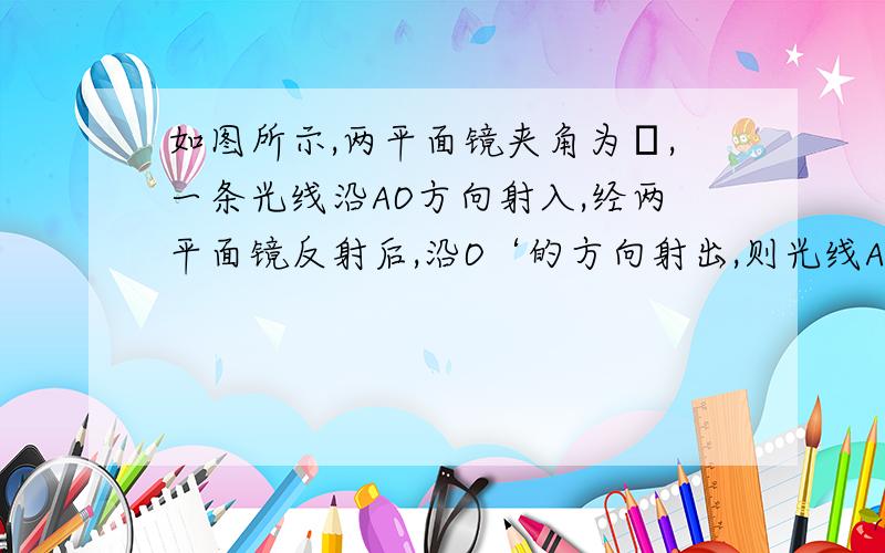 如图所示,两平面镜夹角为β,一条光线沿AO方向射入,经两平面镜反射后,沿O‘的方向射出,则光线AO和O'B的夹角Φ为（ ）A.β/2 B.β C.2β D.3β