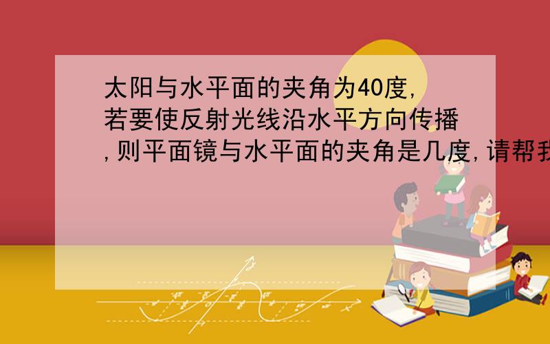 太阳与水平面的夹角为40度,若要使反射光线沿水平方向传播,则平面镜与水平面的夹角是几度,请帮我画下图