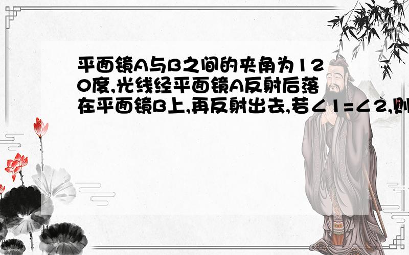 平面镜A与B之间的夹角为120度,光线经平面镜A反射后落在平面镜B上,再反射出去,若∠1=∠2,则∠1=?度