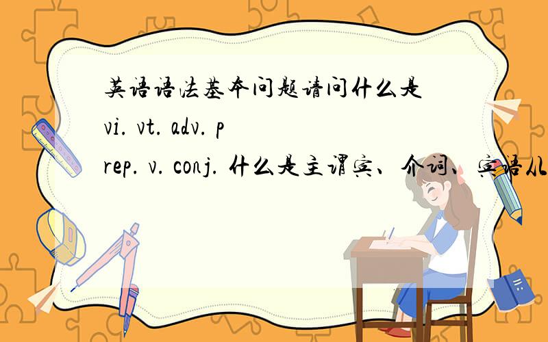 英语语法基本问题请问什么是 vi. vt. adv. prep. v. conj. 什么是主谓宾、介词、宾语从句、宾语补足语、副词、冠词、不定冠词、情态动词、状语、状语从句、动词不定式、倒装以及我没说的....