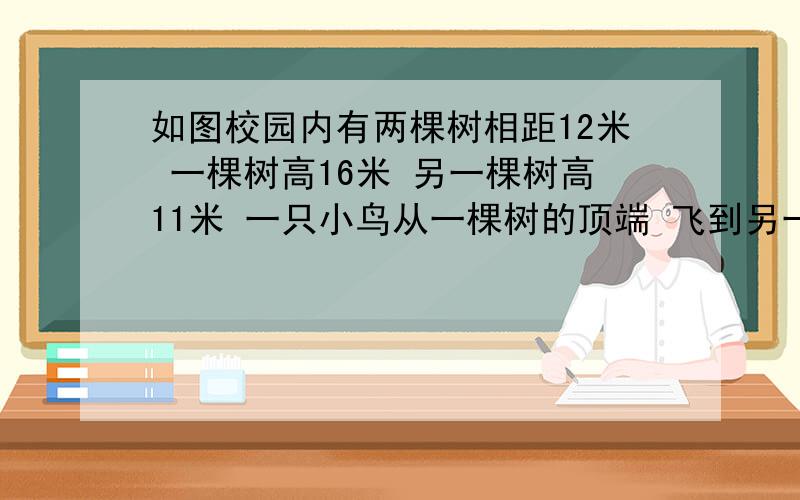 如图校园内有两棵树相距12米 一棵树高16米 另一棵树高11米 一只小鸟从一棵树的顶端 飞到另一棵树的顶端,小鸟至少要飞多少距离?