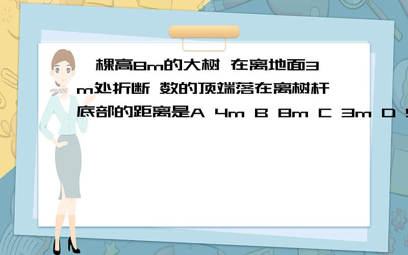 一棵高8m的大树 在离地面3m处折断 数的顶端落在离树杆底部的距离是A 4m B 8m C 3m D 5m最好有图