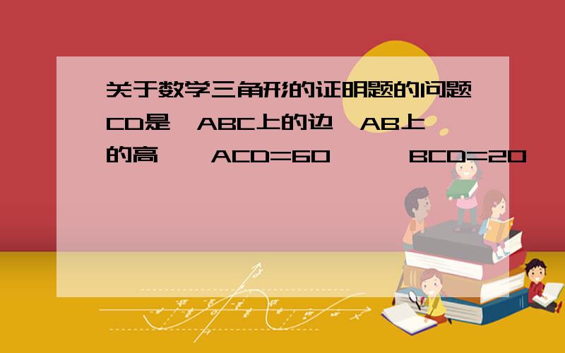 关于数学三角形的证明题的问题CD是△ABC上的边,AB上的高,∠ACD=60°,∠BCD=20°,CE平分∠ACB求∠ACE的度数