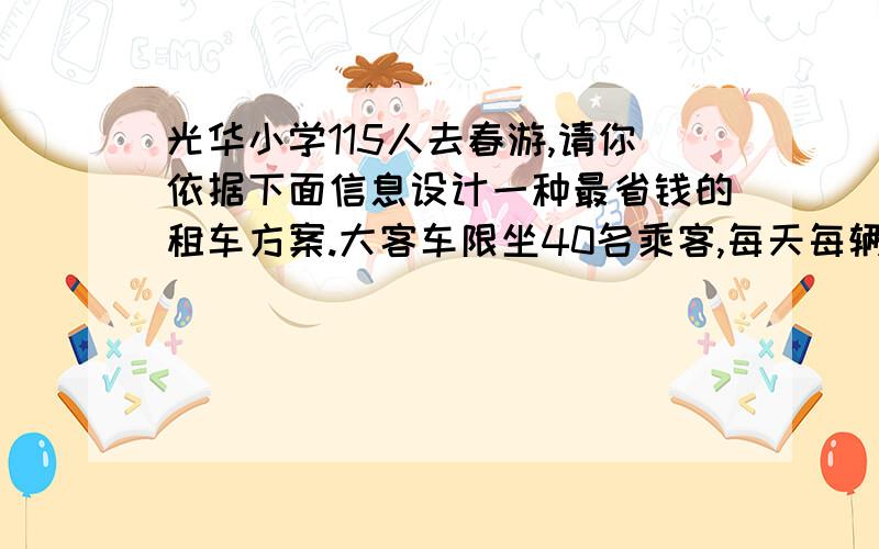 光华小学115人去春游,请你依据下面信息设计一种最省钱的租车方案.大客车限坐40名乘客,每天每辆租金1000圆.小客车限坐25名乘客,每天每辆租金650圆