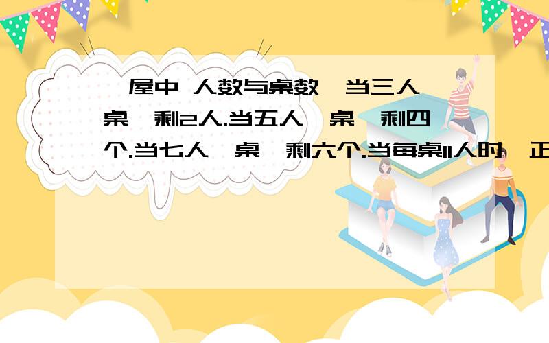 一屋中 人数与桌数,当三人一桌,剩2人.当五人一桌,剩四个.当七人一桌,剩六个.当每桌11人时,正好全