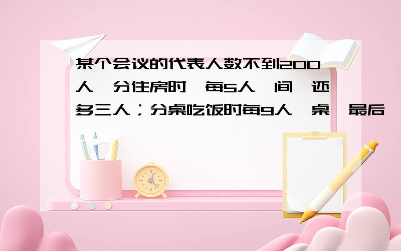 某个会议的代表人数不到200人,分住房时,每5人一间,还多三人；分桌吃饭时每9人一桌,最后一桌只8人；分分组讨论时,每组7人,最后一组只有6人.参加会议的有多少人