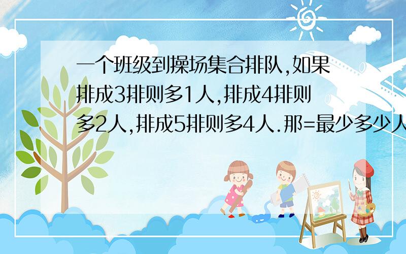 一个班级到操场集合排队,如果排成3排则多1人,排成4排则多2人,排成5排则多4人.那=最少多少人