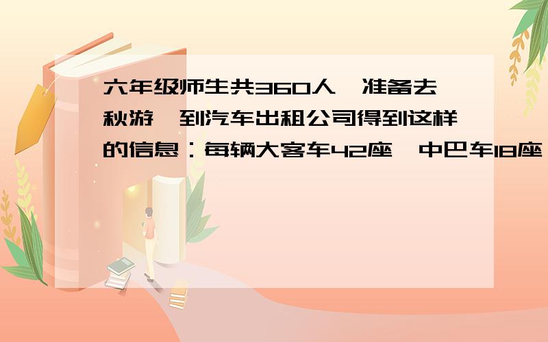 六年级师生共360人,准备去秋游,到汽车出租公司得到这样的信息：每辆大客车42座,中巴车18座,请你设计出三种方案.A方案,可以租（）大客车（）中巴B方案：同上例题C方案：同上急十万火急!