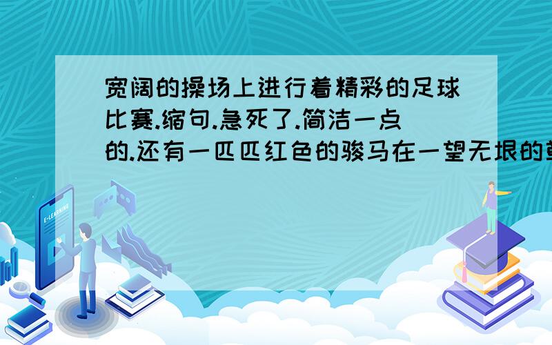 宽阔的操场上进行着精彩的足球比赛.缩句.急死了.简洁一点的.还有一匹匹红色的骏马在一望无垠的草原上奔跑.缩写在今后的岁月里,我常常想起了这位顶碗少年.修改病句.