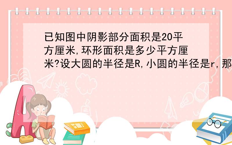 已知图中阴影部分面积是20平方厘米,环形面积是多少平方厘米?设大圆的半径是R,小圆的半径是r,那么阴影部分的面积就是﹙R²－r²﹚＝20平方厘米环形的面积＝3·14×﹙R²－r²﹚＝3