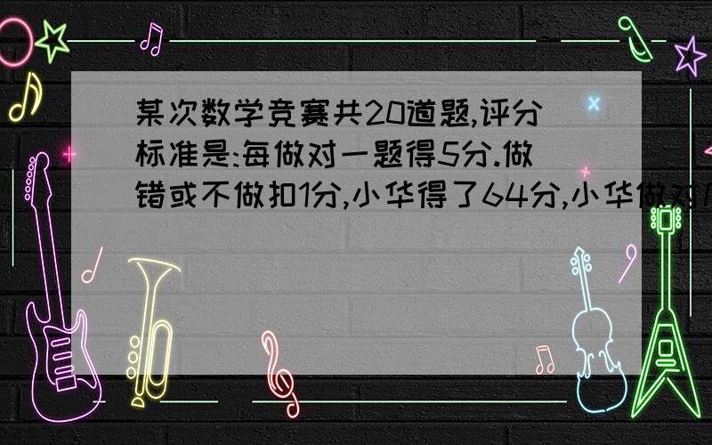 某次数学竞赛共20道题,评分标准是:每做对一题得5分.做错或不做扣1分,小华得了64分,小华做对几道题不要方程